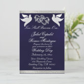 Duiven, harten & lint, QR-code - Navy blauw/zilver Kaart (Staand voorkant)