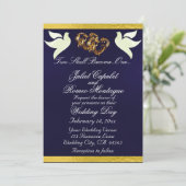 Duiven, harten & lint, QR-code - Navy Blue/Gold Kaart (Staand voorkant)