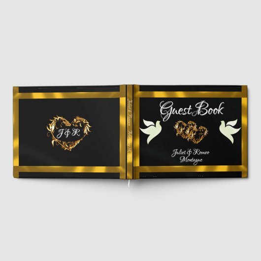 Duiven, harten & lint - Zwart/Goud Gastenboek (Volledig)