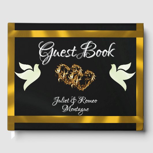 Duiven, harten & lint - Zwart/Goud Gastenboek (Voorkant)