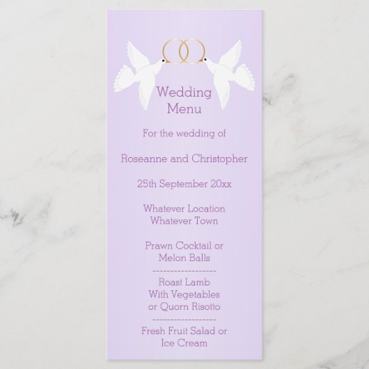 Duiven Ontwerp Lila Gekleurde Bruiloft Menu (Voorkant)
