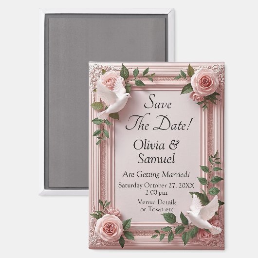 Duiven & Roze Rozen 3D Effect, Save The Date Magneet (Voorkant / Achterkant)