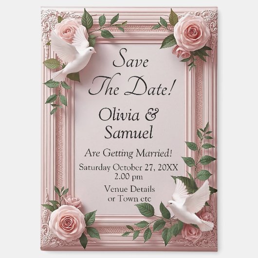 Duiven & Roze Rozen 3D Effect, Save The Date  Magneet (Voorkant)