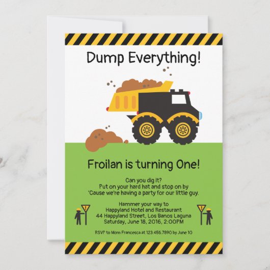 Dump Alles Dump Truck Verjaardag Uitnodiging (Voorkant)
