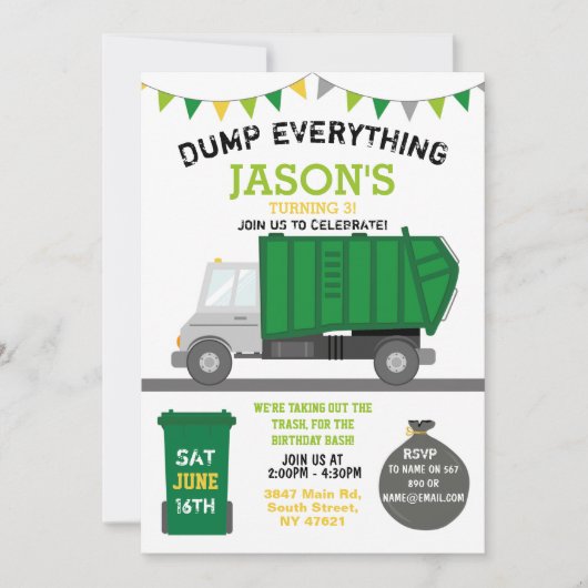 Dump Alles Fun Rubbish Truck Birthday Invitat Kaart (Voorkant)