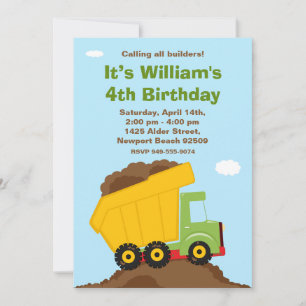 Dump Truck Birthday Party Invitation Kaart