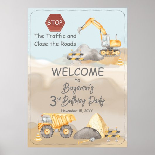 Dump Truck Boy 3rd Birthday Party Poster (Voorkant)