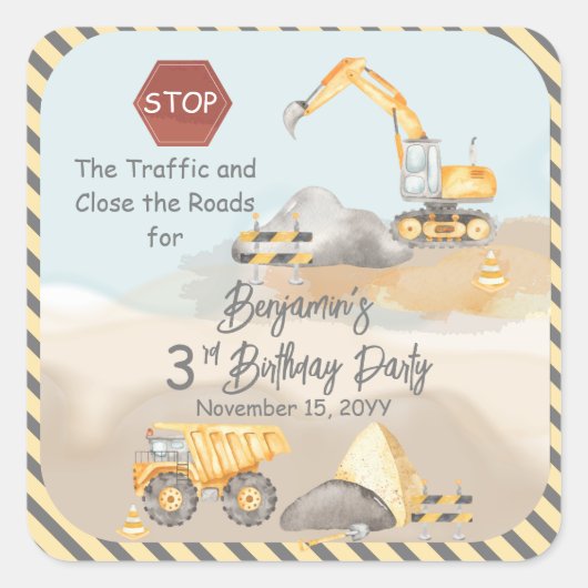 Dump Truck Boy 3rd Birthday Party Vierkante Sticker (Voorkant)