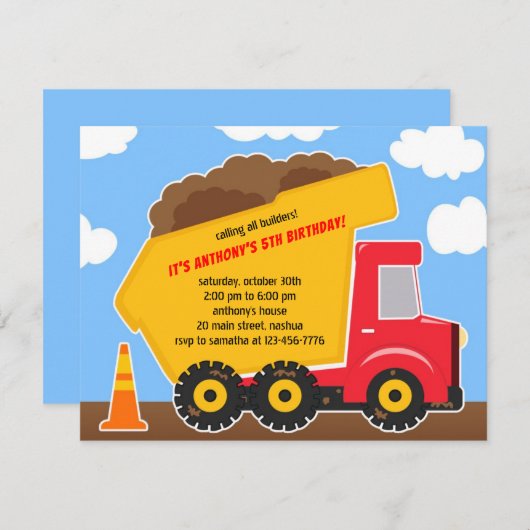 Dump Truck Constructies Verjaardag Uitnodiging (Voorkant / Achterkant)