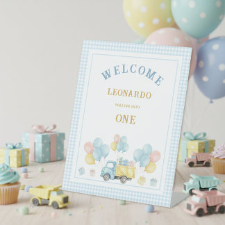 Dump Truck First Birthday Boy Reclamebord Met Voetstuk