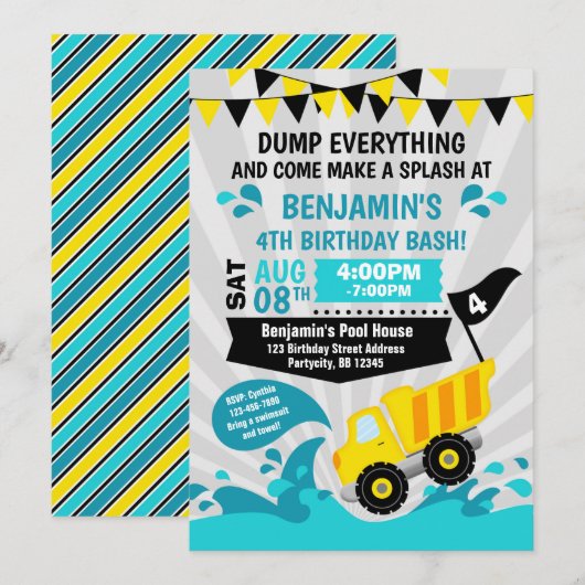 Dump Truck Pool Summer Construction Birthday Kaart (Voorkant / Achterkant)