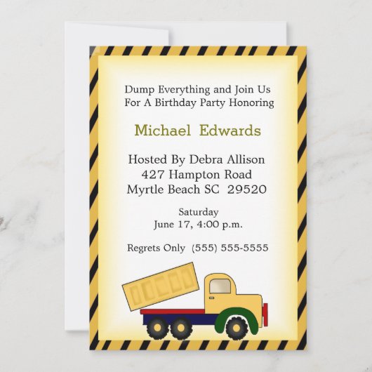 Dump Truck Theme Birthday Party Invitation Kaart (Voorkant)