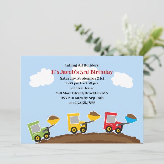 Dump Trucks Constructies Verjaardag Uitnodiging (Staand voorkant)