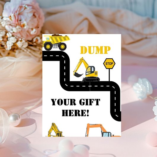 Dump uw cadeau hier constructie dump vrachtwagen p reclamebord met voetstuk