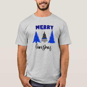 Dun blauwe lijn kerstboom T-shirt van de politie