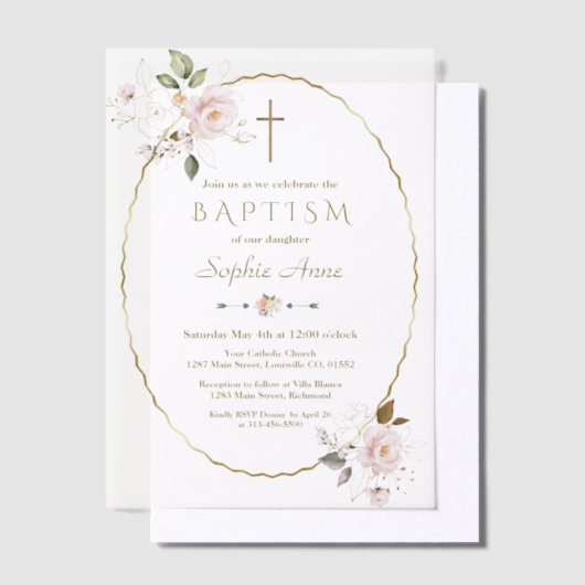 Dun roze bloem gouden lijst Doopfeest Vellum Uitnodigingen (Offset)