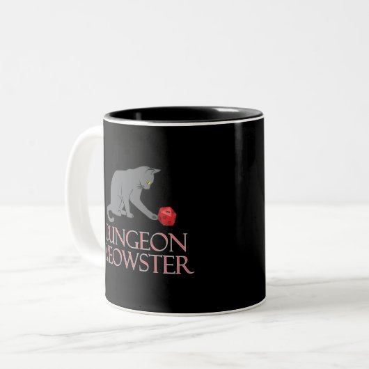 Dungeon Meowster Funny RPG Cat with Dice Tweekleurige Koffiemok (Voorkant links)