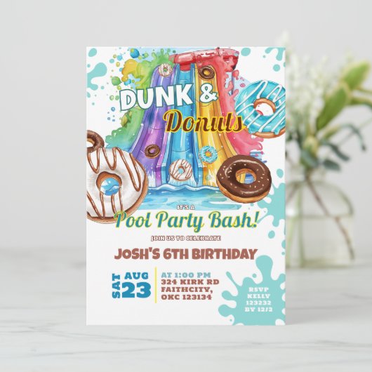 Dunk and Donut Waterslide Pool Party Verjaardag Kaart (Staand voorkant)
