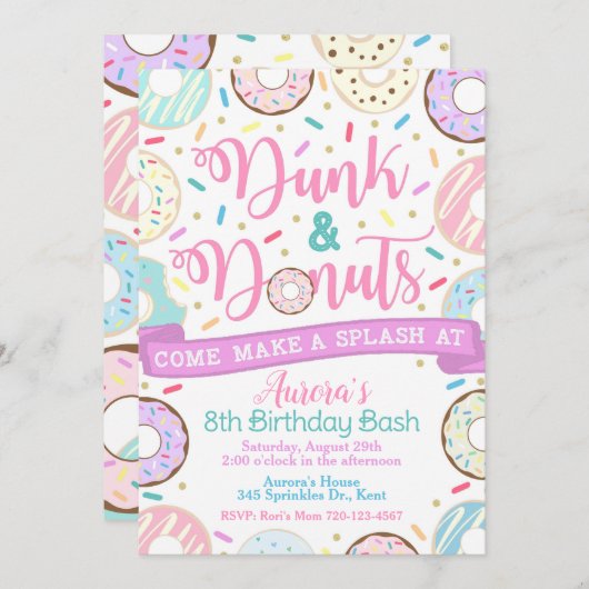 Dunk and Donuts Invitation, Pool Party Invitation Kaart (Voorkant / Achterkant)