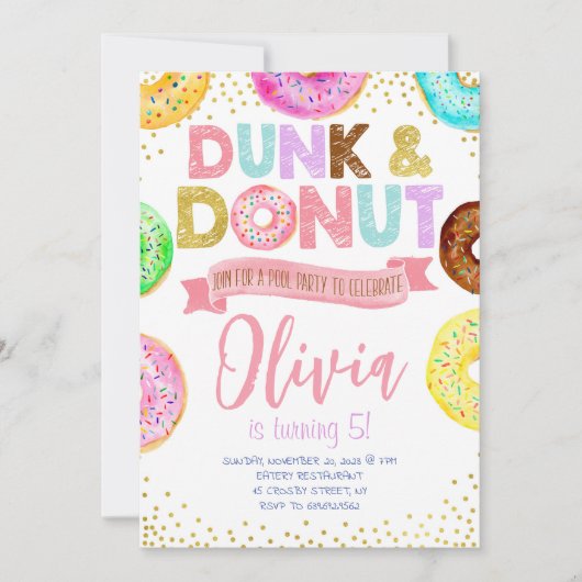 Dunk and Donuts Verjaardag Uitnodiging Pool Party (Voorkant)