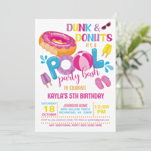 Dunk & Donuts Pool Party Uitnodiging (Staand voorkant)