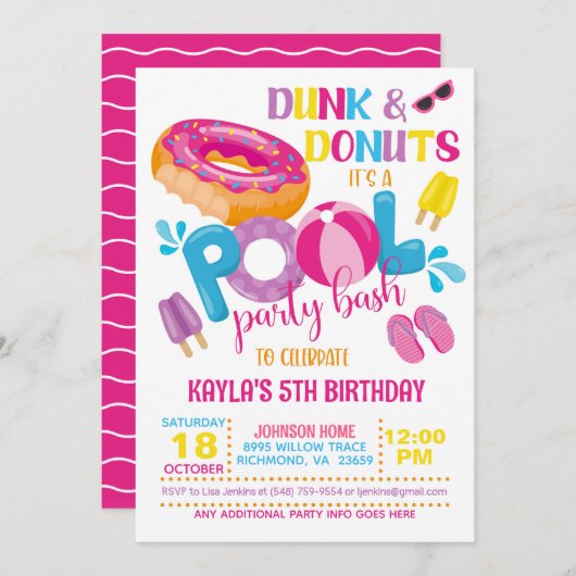 Dunk & Donuts Pool Party uitnodiging (Voorkant / Achterkant)