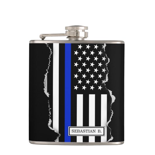 Dunne blauwe lijn Amerikaanse vlag die naar buiten Heupfles (Voorkant)