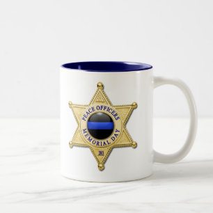 Dunne Blauwe Lijn Glanzende Knop & Gouden Badge Tweekleurige Koffiemok