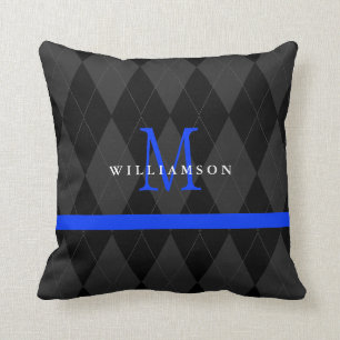 Dunne Blauwe Lijn Monogram Zwarte Argyle Patroon Kussen