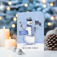 Dunne blauwe lijn vlag Merry Christmas Sneeuwman