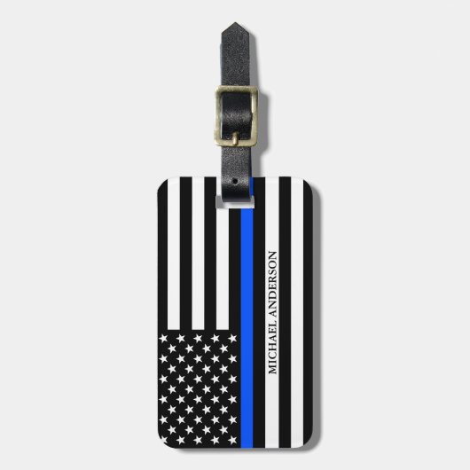 Dunne Blauwe Lijn Vlag Politie Naam Reizen Bagagelabel (Voorkant verticaal)