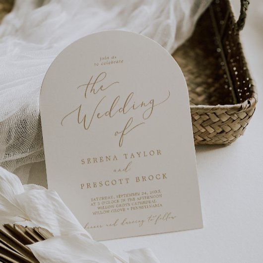 Dunne Gouden Calligraphy Crème Boho Boog Bruiloft Kaart