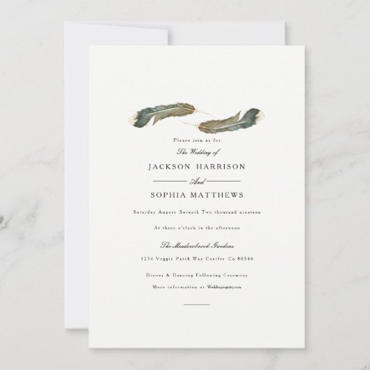 Duo de plumes | Invitation de mariage aquarelle (Devant)