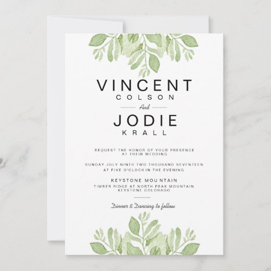 Duo Feuille vert | Invitation de mariage aquarelle (Devant)
