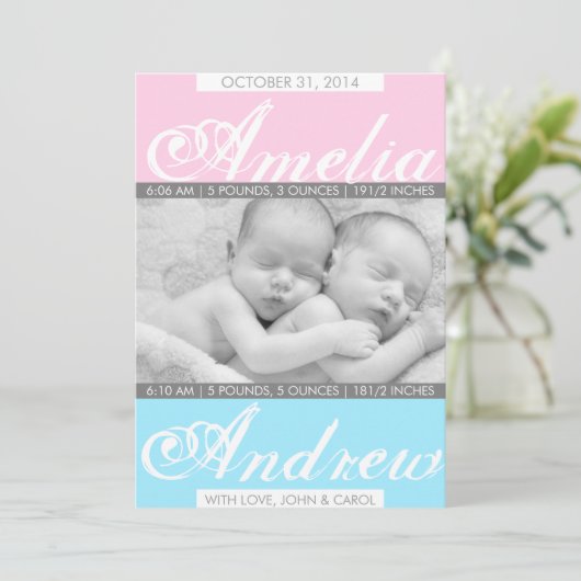 Duo Tones, tweelinggeboorte aankondiging (Staand voorkant)