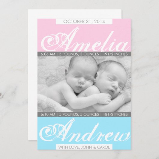 Duo Tones, tweelinggeboorte aankondiging (Voorkant / Achterkant)