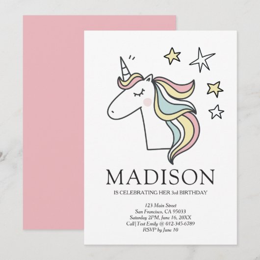 Duodle Cute Unicorn Stars Invitation Anniversaire (Devant / Derrière)