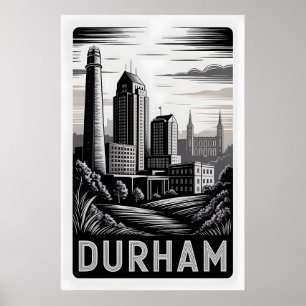 Durham North Carolina Zwart-Wit Houtsnede Poster