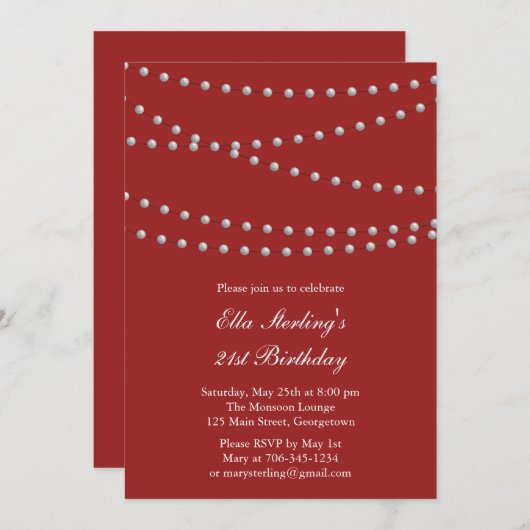 Dus Chic Pearls 21st Birthday (rood) Uitnodiging (Voorkant / Achterkant)