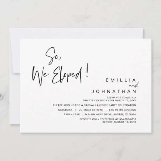 Dus, we zijn weggelopen, trouwfeest kaart (Voorkant)