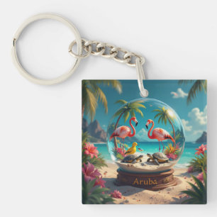Dushi aruba strand globe met flamingo's  sleutelhanger