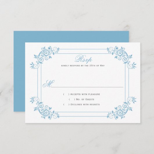 Dusk Blauw / Lichtblauw Bloemen Wervelingen RSVP Kaartje (Voorkant / Achterkant)