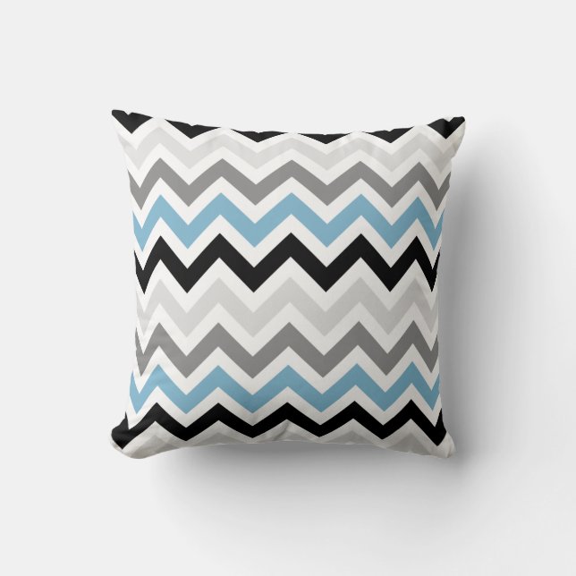 Dusk Blauw Zwart Grijs Chevron Zigzag Patroon Kussen (Voorkant)