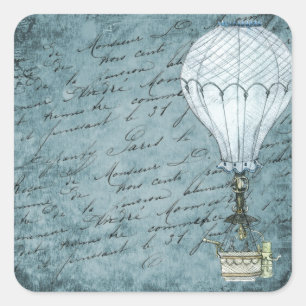 Dusk Blue Hot Air ballon Steampunk Handschrift Vierkante Sticker