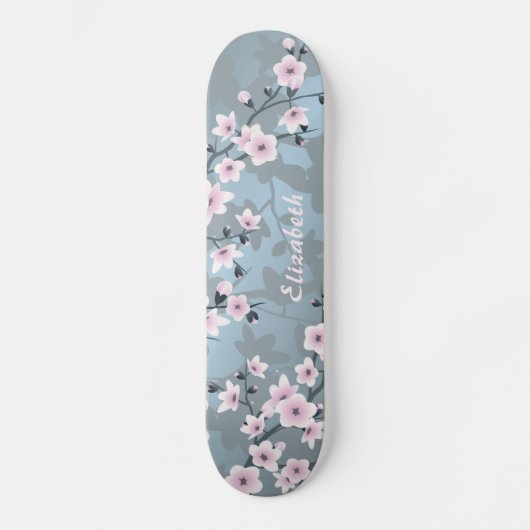 Dusk Pink Grayish Blue Cherry Blossom Monogram Skateboard (Voorkant)