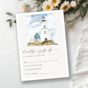 Dusky Aqua Lighthouse Mountain Wedding RSVP Informatiekaartje