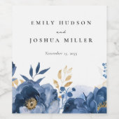 Dusky Blauw Goud Bloemen Bruiloft Wijn Etiket (Enkel label)