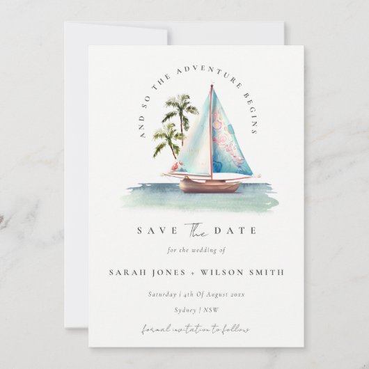 Dusky Blauwgroen Blue Sailboat Palm Waterverf Seas Save The Date (Voorkant)