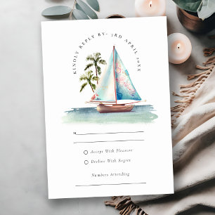 Dusky Blauwgroen Sailboat Palm Trees Seascape Wedd RSVP Kaartje