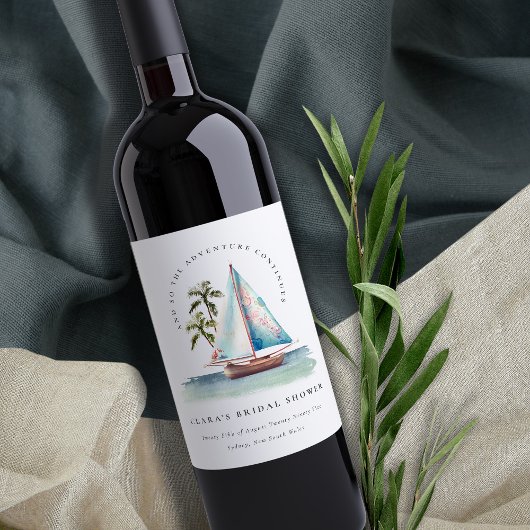 Dusky Blauwgroen Sailboot Palm Seascape Vrijgezell Wijn Etiket